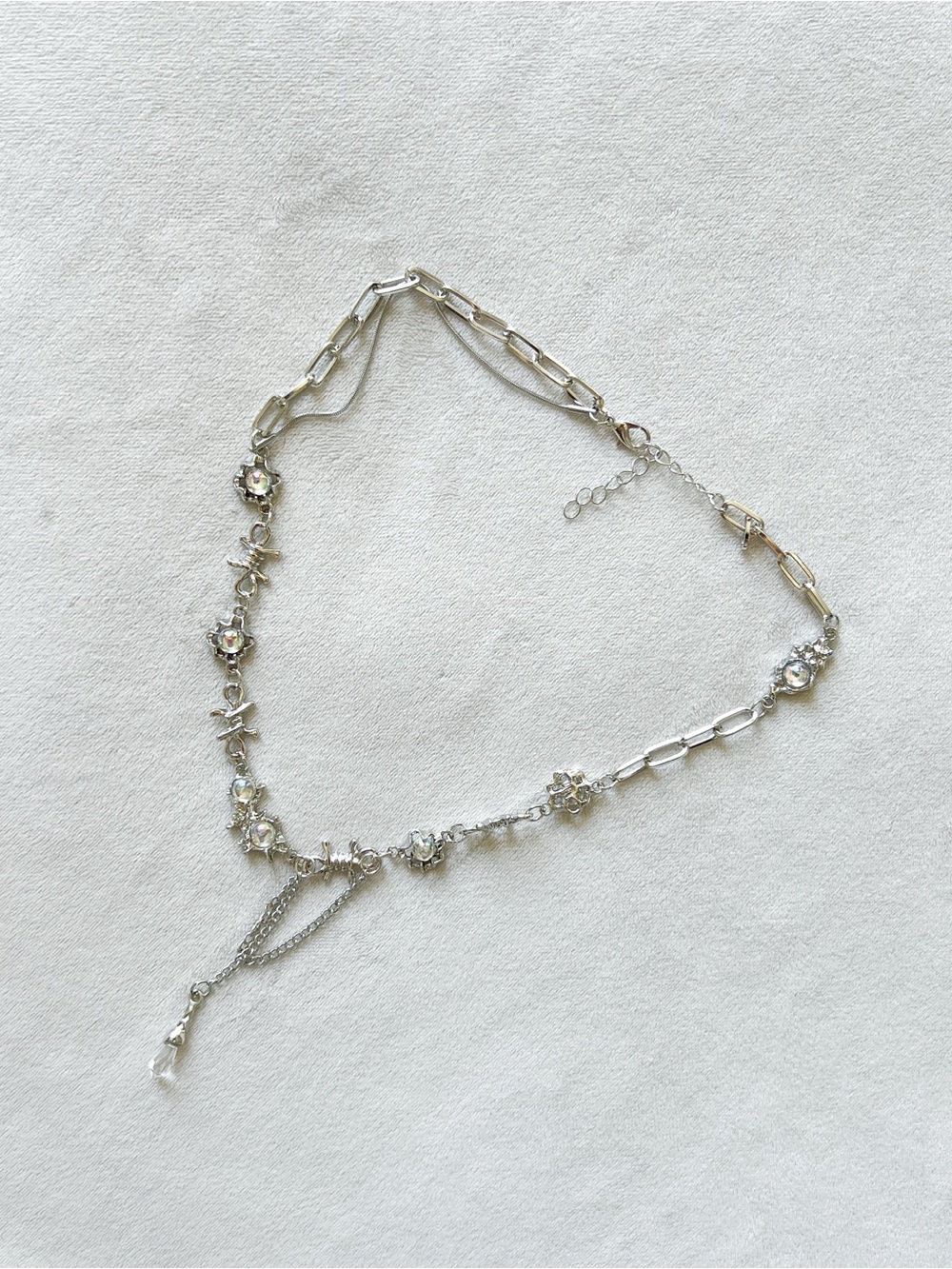 Silver Crystal Drop Choker Necklace with Chain Link Accents